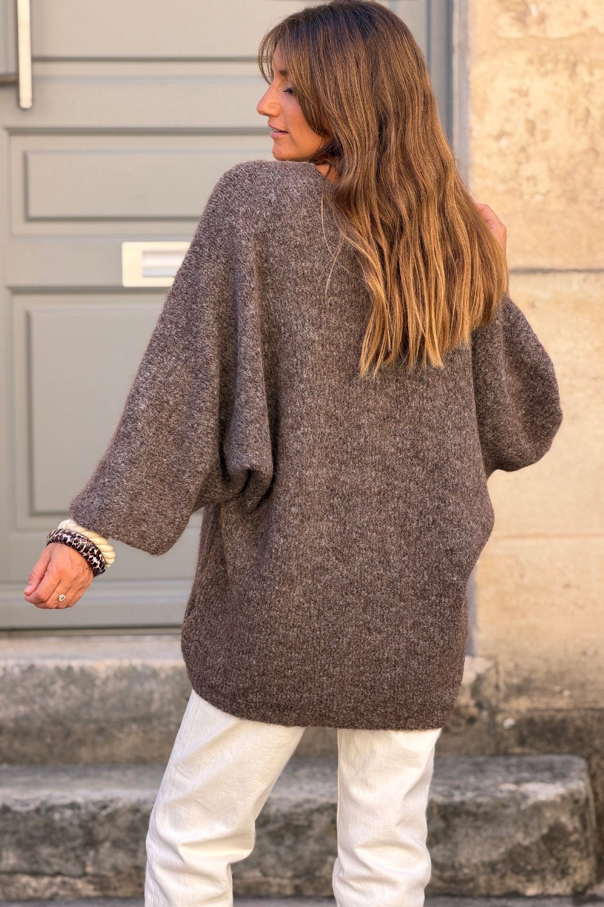 Light Brown Wool Blend Bell Sleeve Knit Cardigan