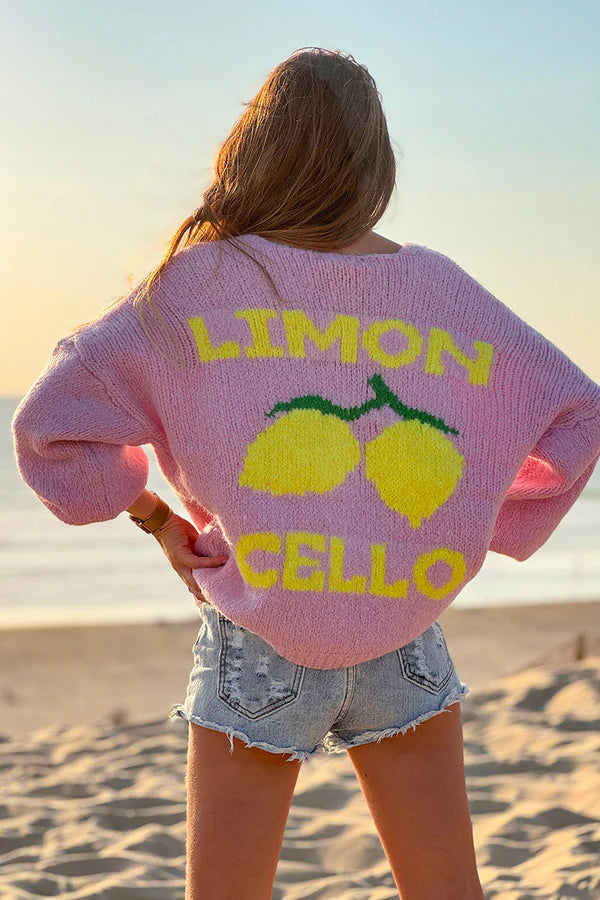 Light Pink Chunky Knit Cardigan with Lemon 'Limoncello' back pattern