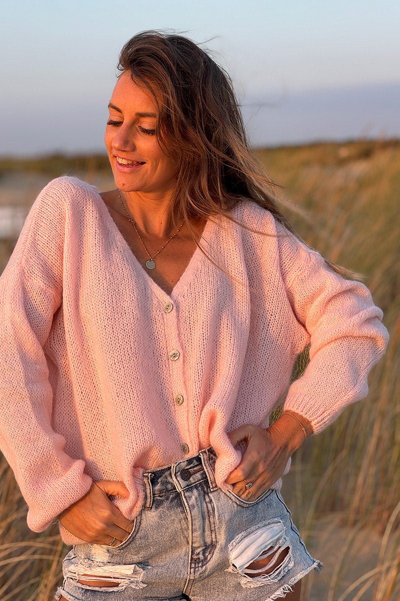 Light Pink Mother of Pearl Button through V-Neck Cardigan