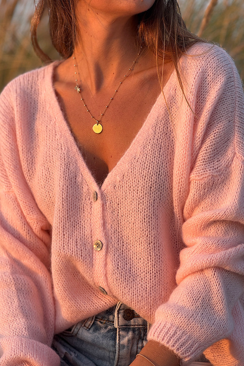 Light Pink Mother of Pearl Button through V-Neck Cardigan