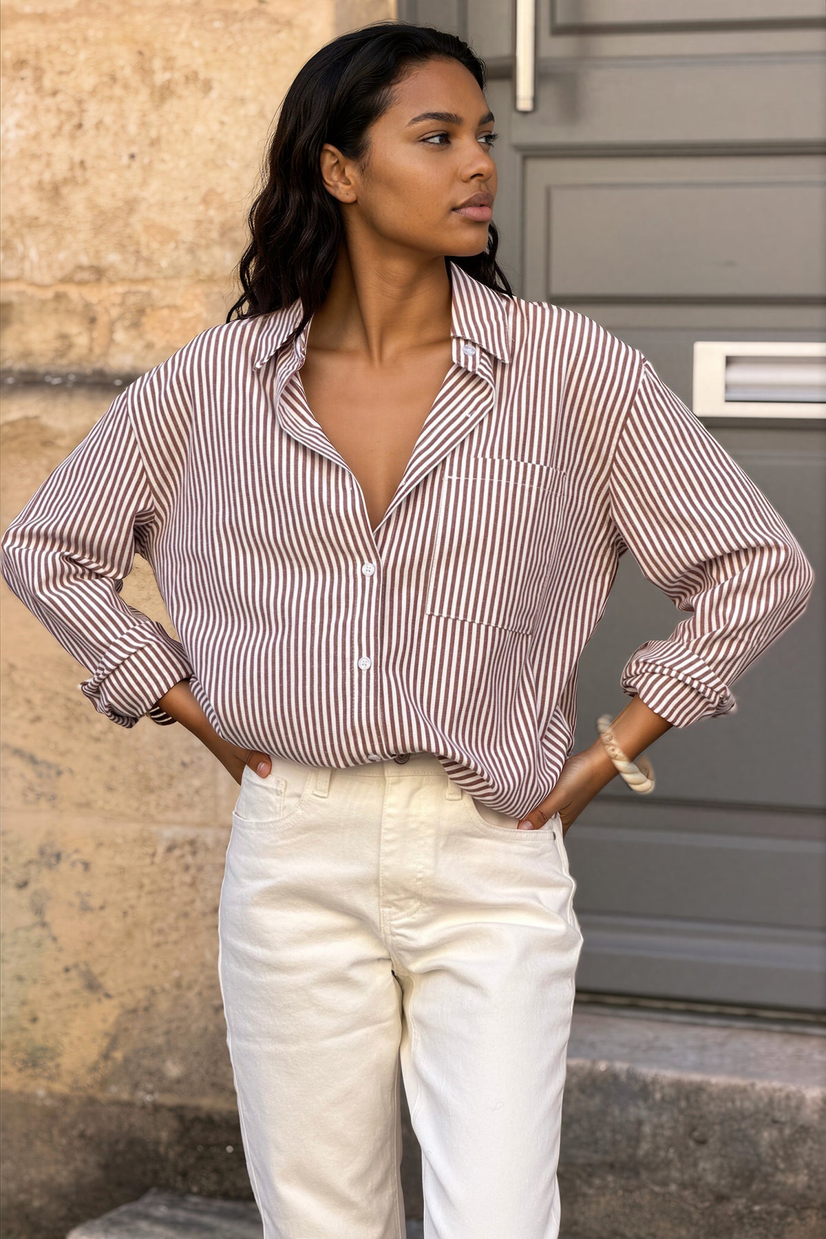 Mocha Brown Pinstripe Button-Down Blouse
