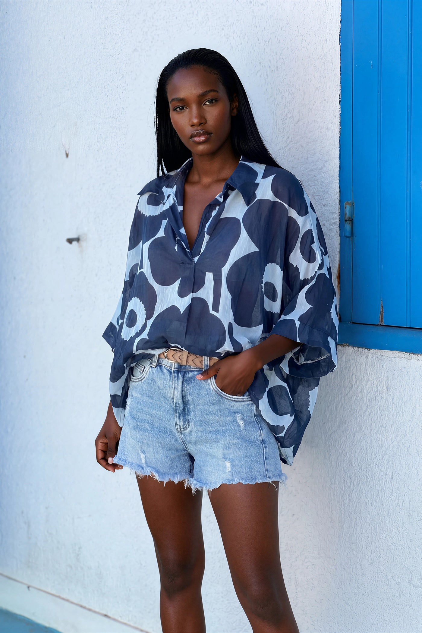 Navy Floral Sleeveless Cropped Blouse