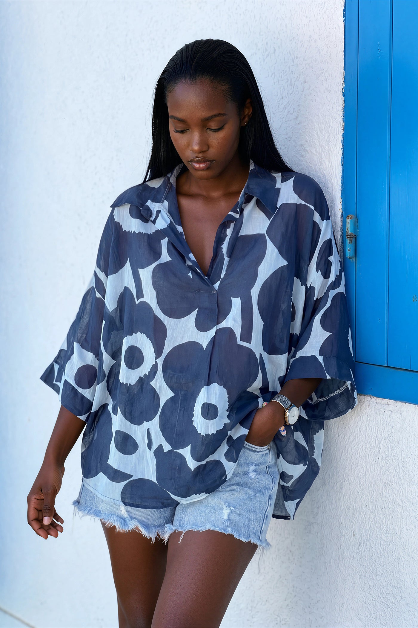 Navy Floral Sleeveless Cropped Blouse