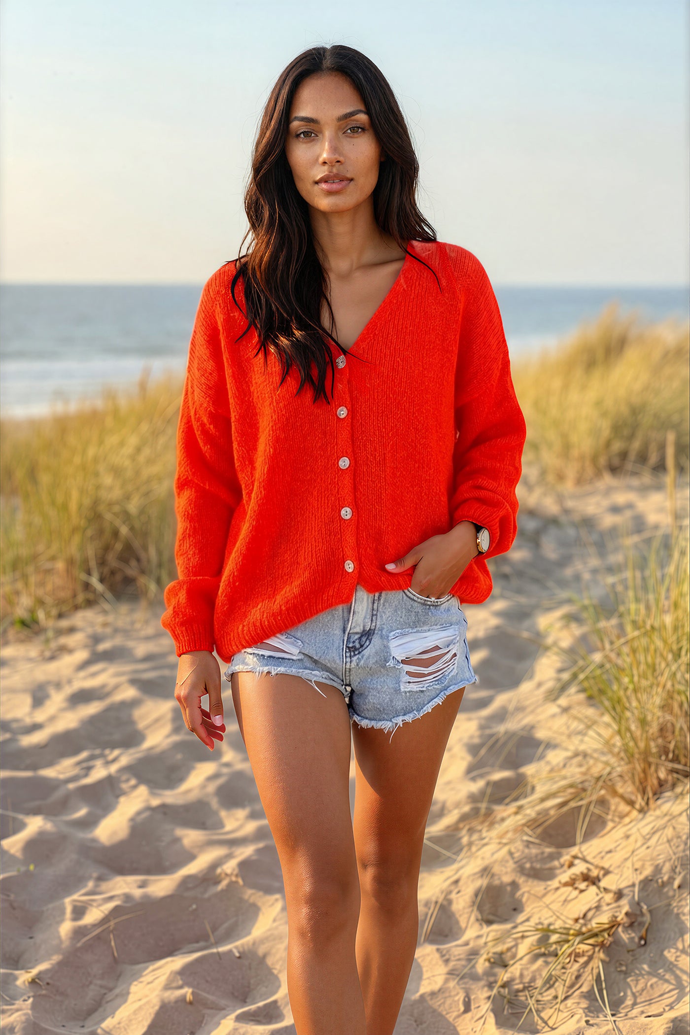Neon orange Mother of Pearl Button through V-Neck Cardigan