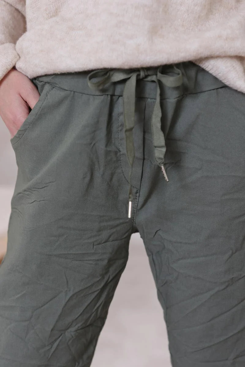 Olive comfort and stretch fabric pants with a glitter star