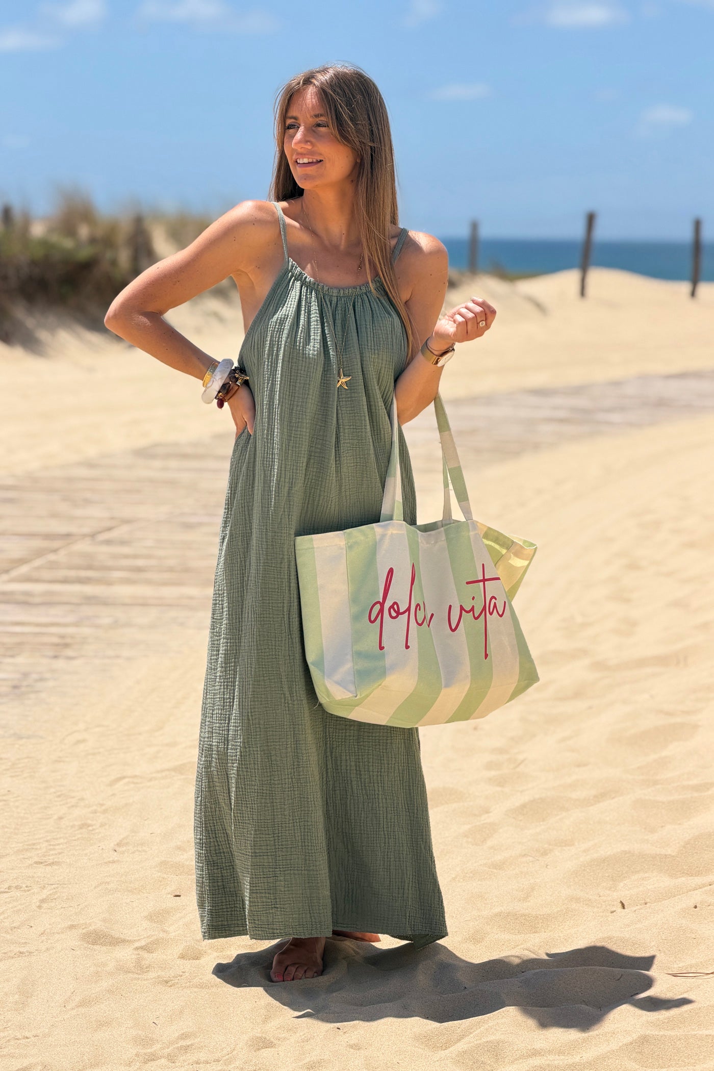 Olive Crinkle Gauze Maxi Dress