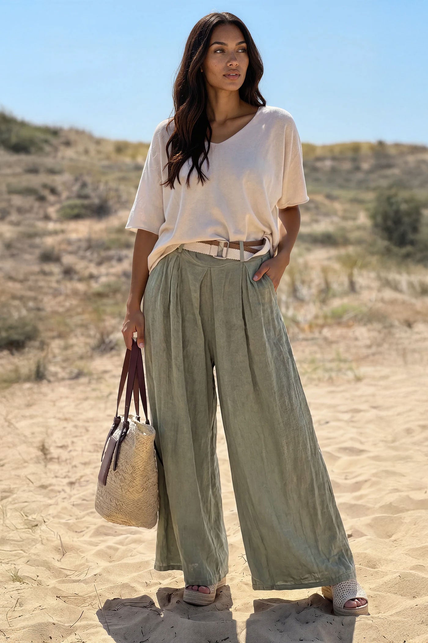 Olive Gauze Belted Ultra Wide-Leg Pants