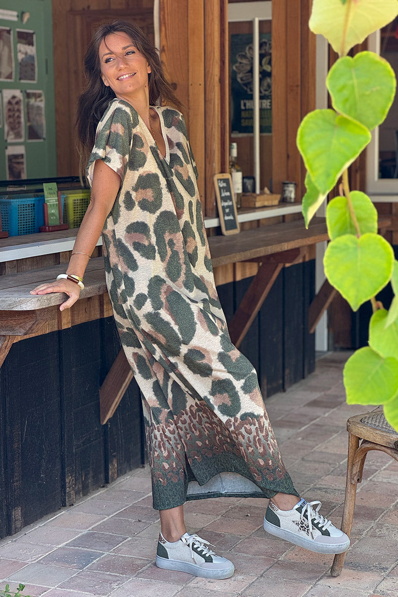 Olive Leopard Glitter Knit Maxi Dress
