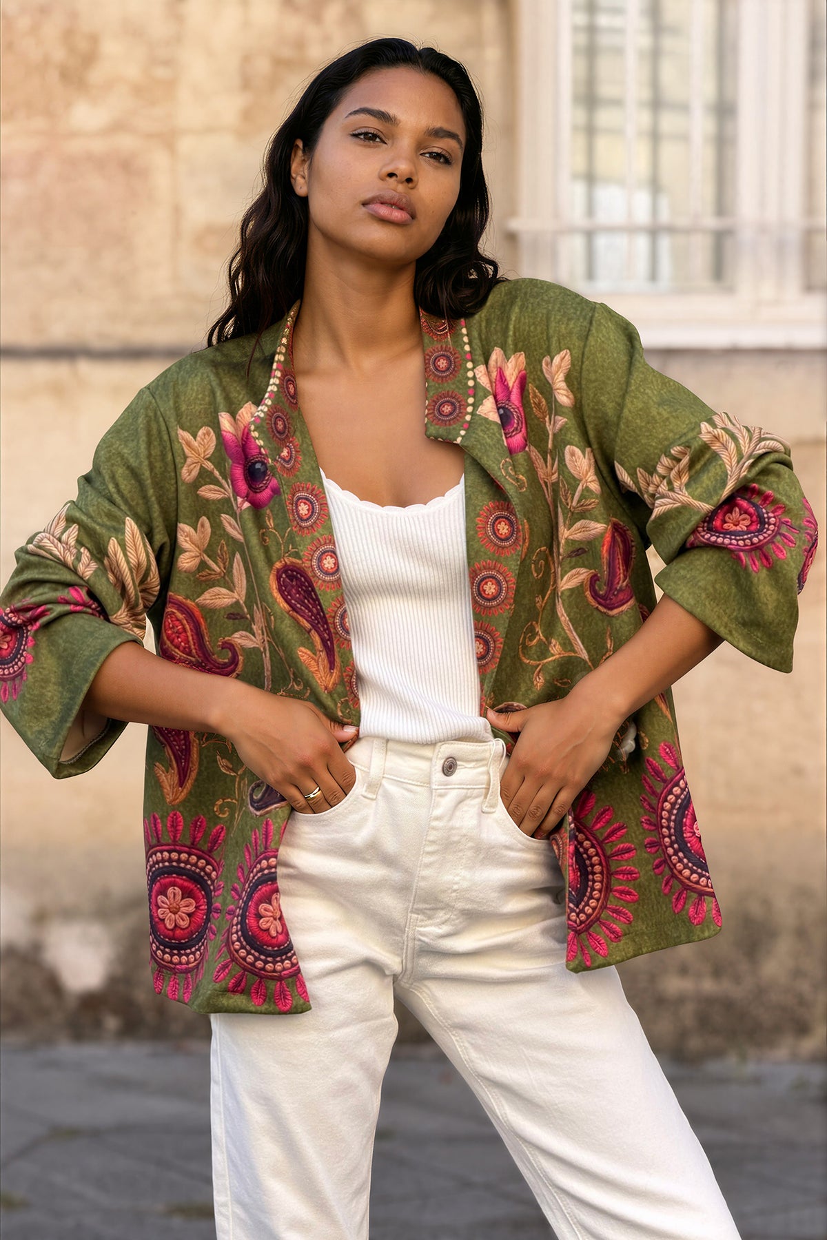 Olive Suedette Boho Print Jacket