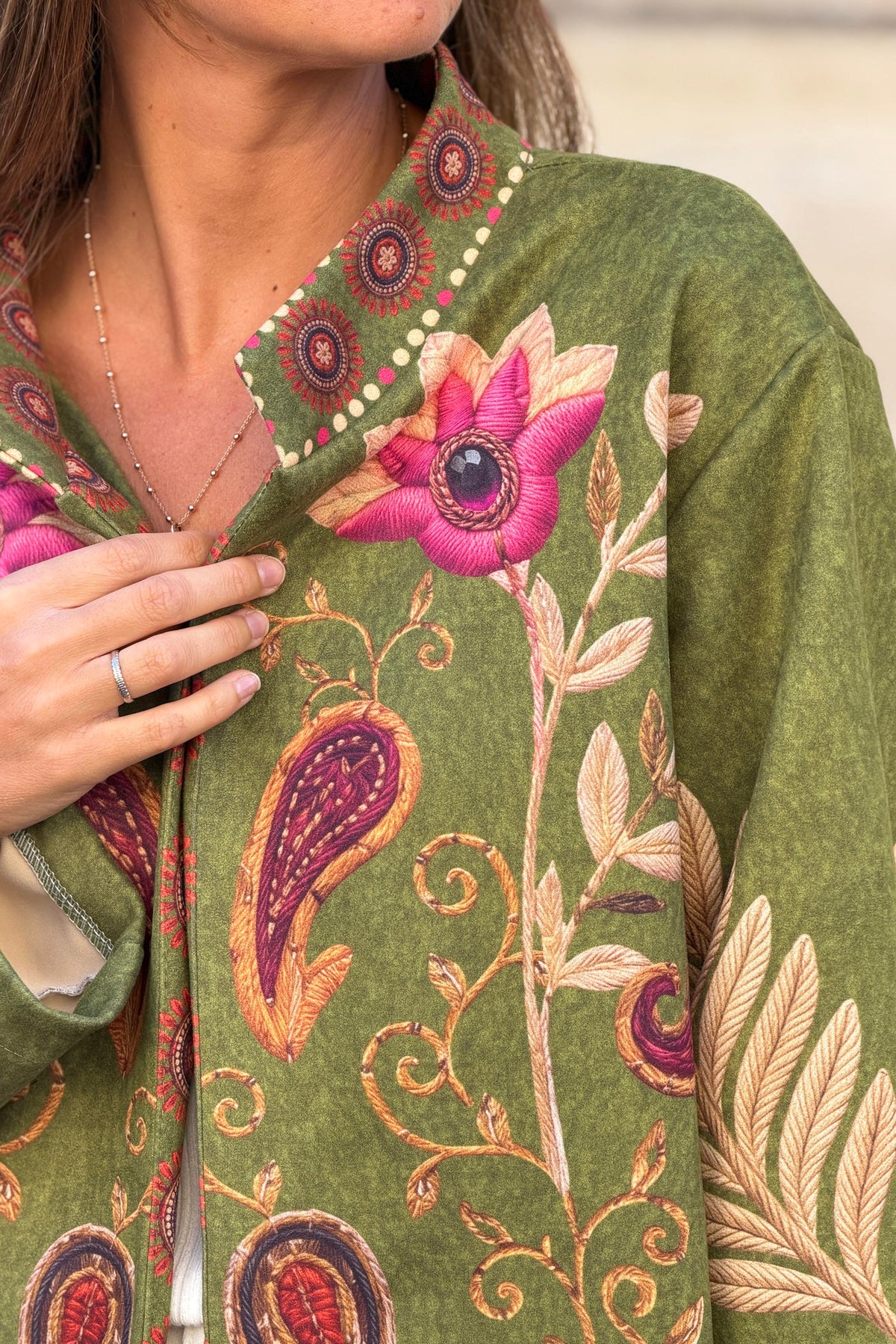 Olive Suedette Boho Print Jacket