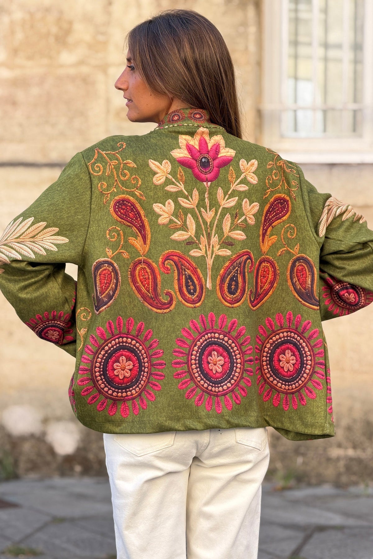Olive Suedette Boho Print Jacket