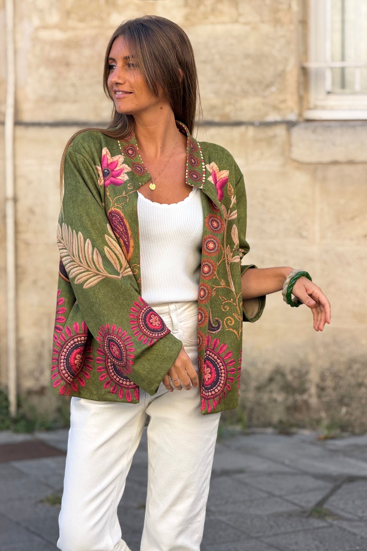 Olive Suedette Boho Print Jacket