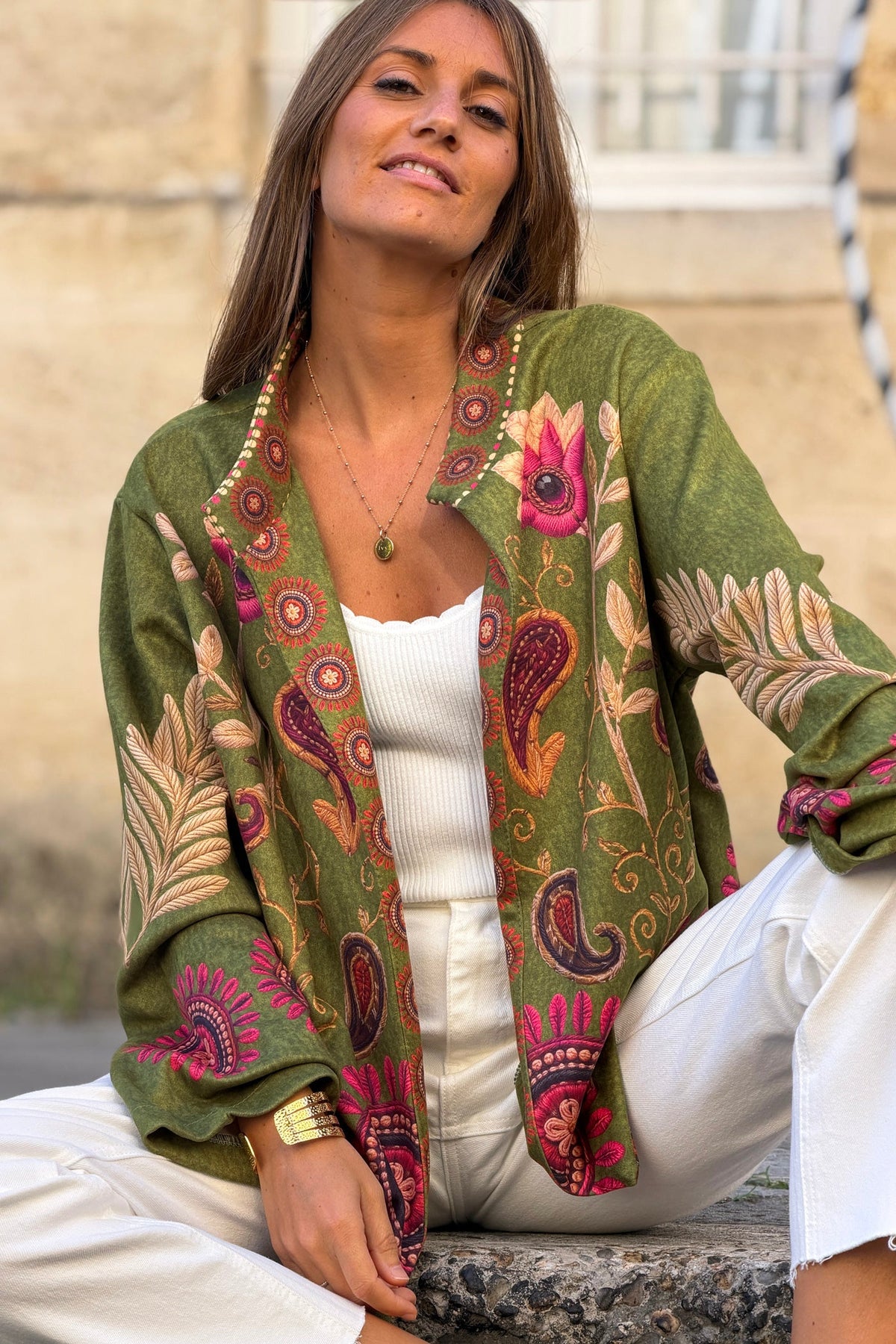 Olive Suedette Boho Print Jacket