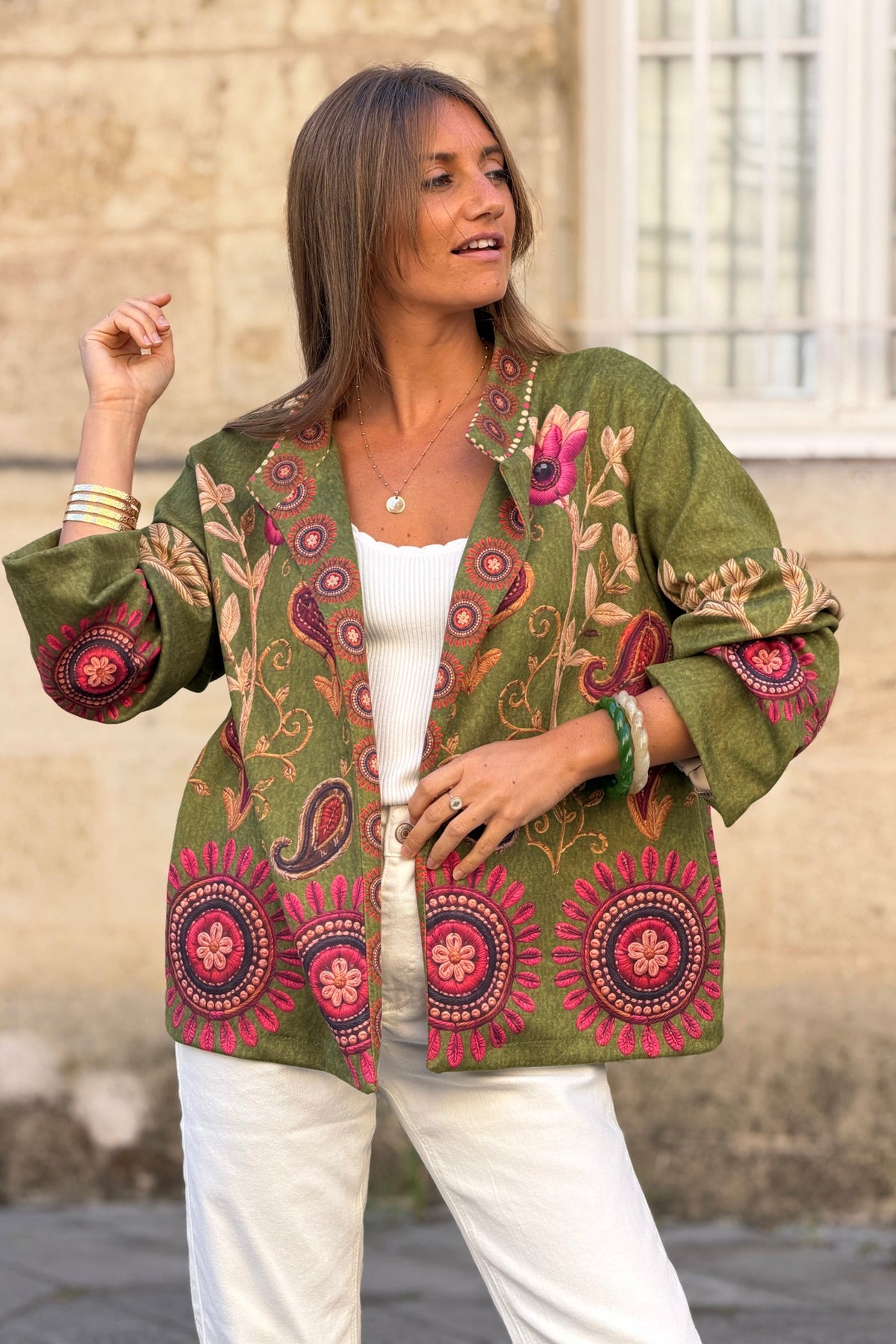 Olive Suedette Boho Print Jacket