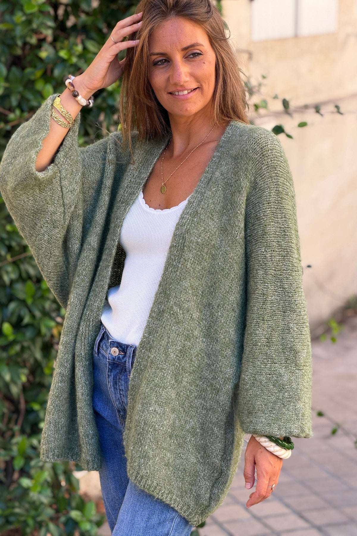 Olive Wool Blend Bell Sleeve Knit Cardigan