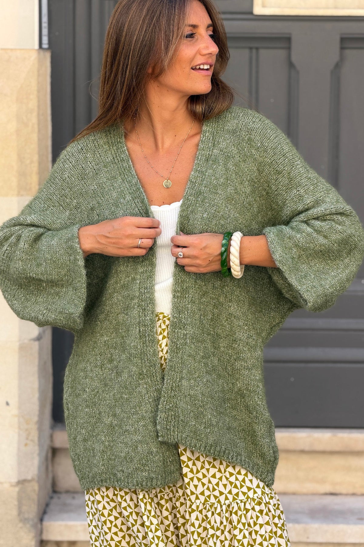 Olive Wool Blend Bell Sleeve Knit Cardigan