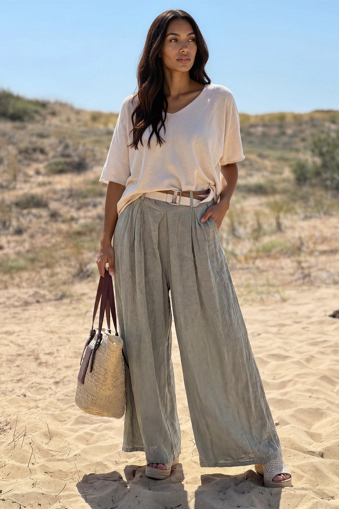 Olive Gauze Belted Ultra Wide-Leg Pants