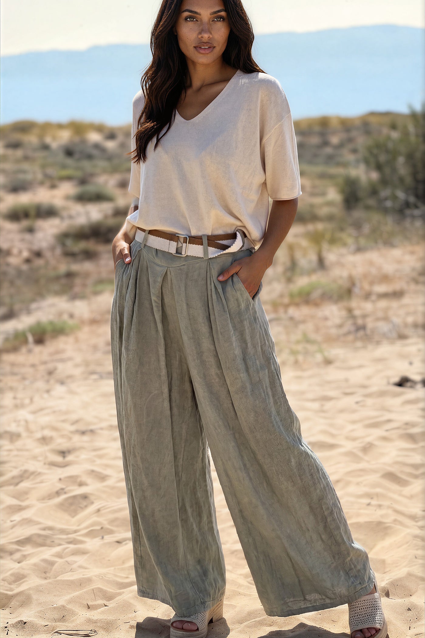 Olive Gauze Belted Wide-Leg Pants - Horizons Lointains US