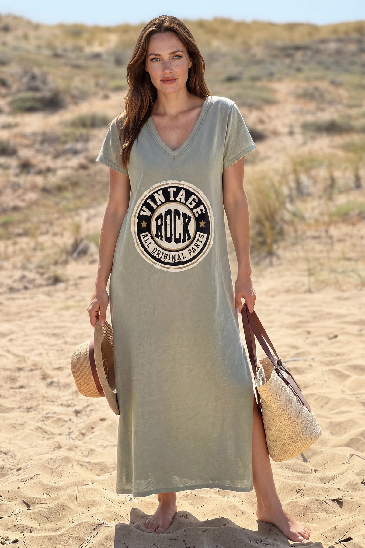 Olive Vintage Rock V-Neck T-Shirt Dress