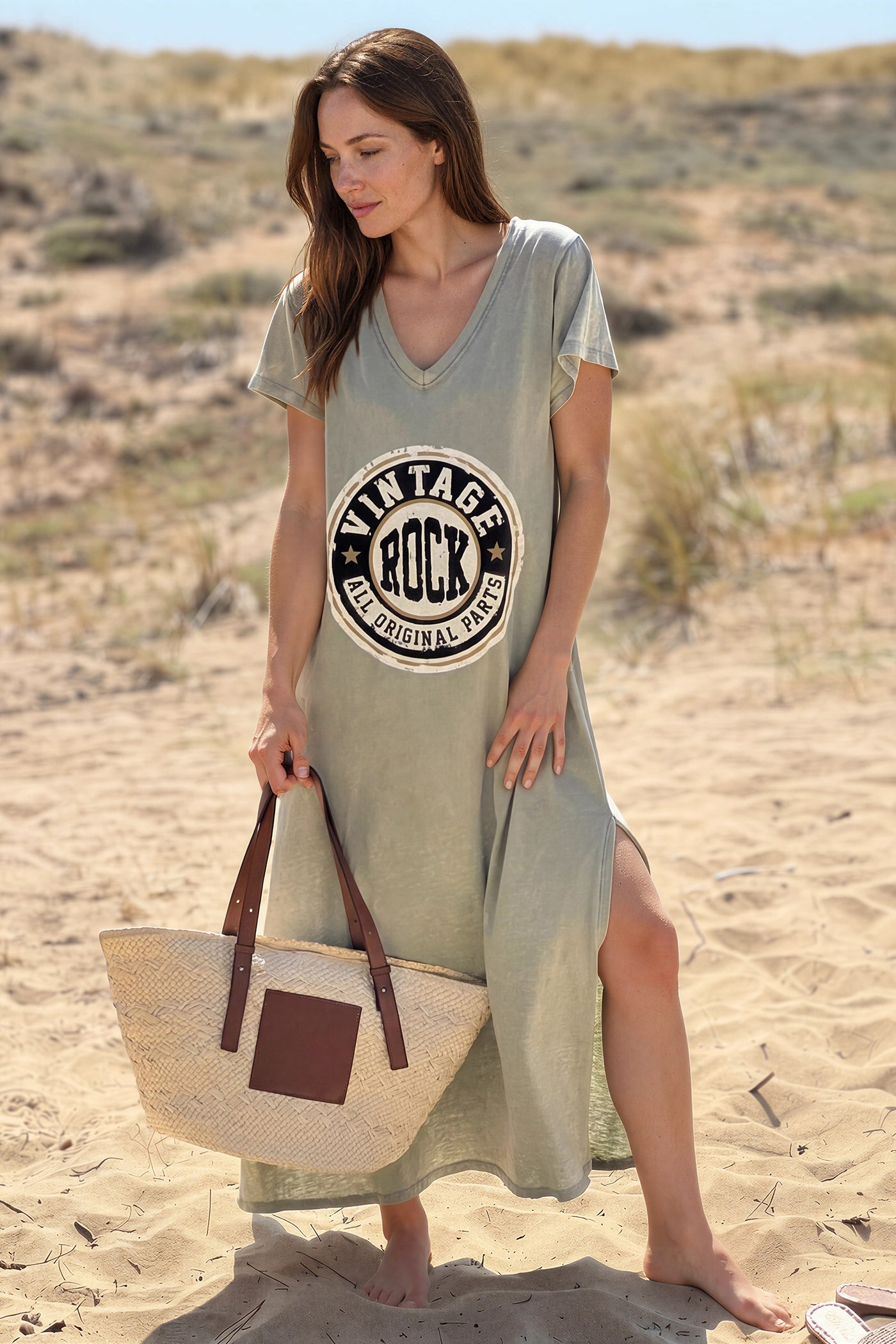 Olive Vintage Rock V-Neck T-Shirt Dress