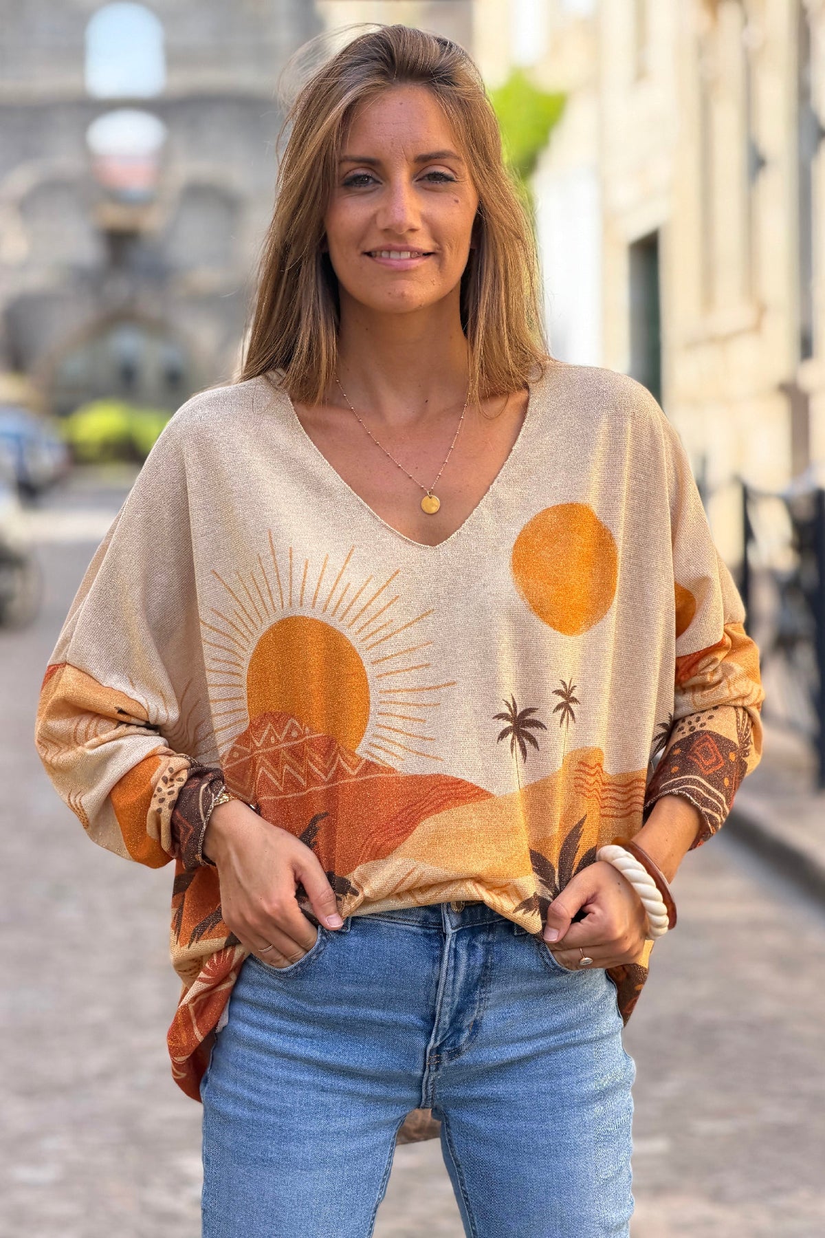 Orange Saharan Sunset Glitter Knit Blouse