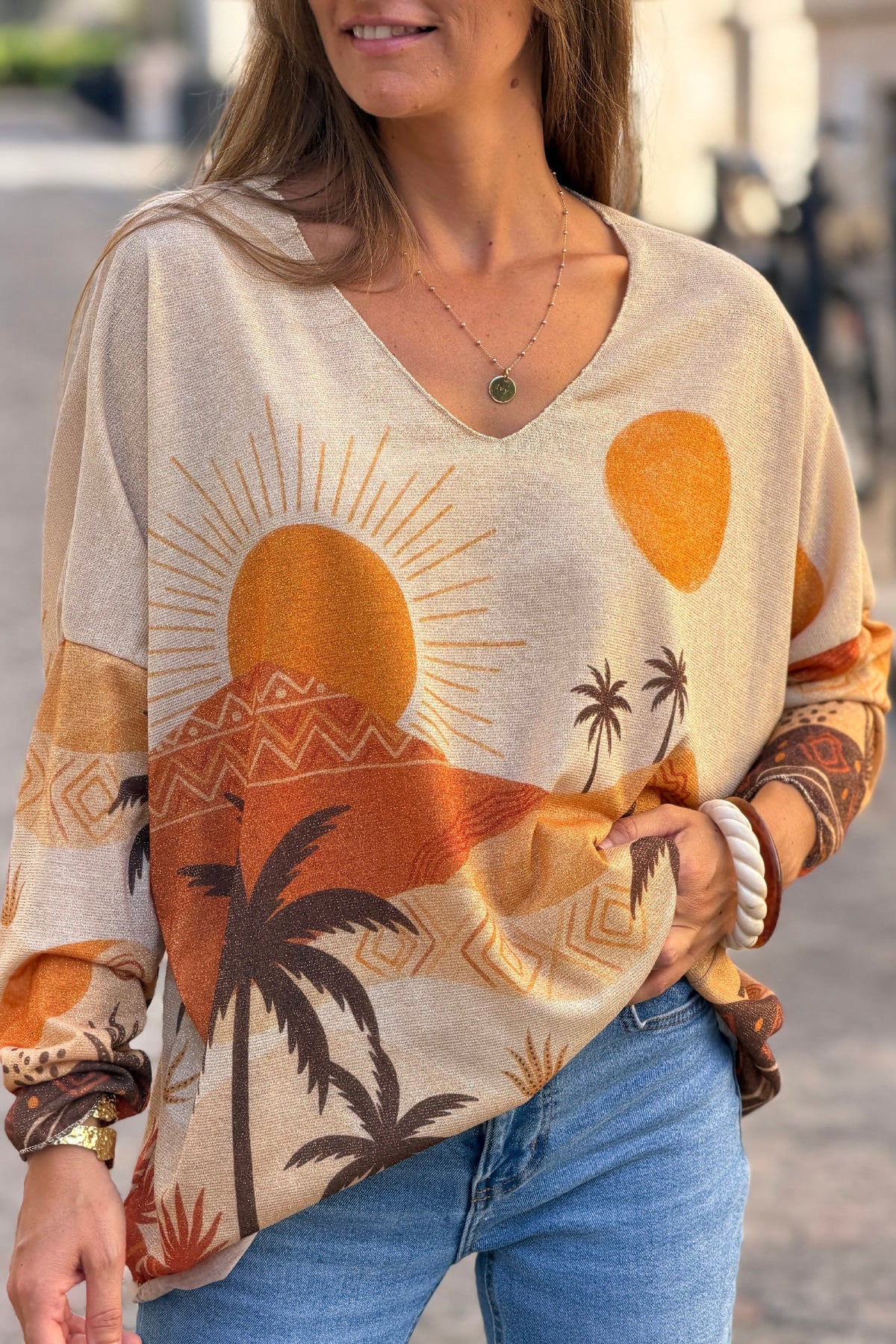 Orange Saharan Sunset Glitter Knit Blouse