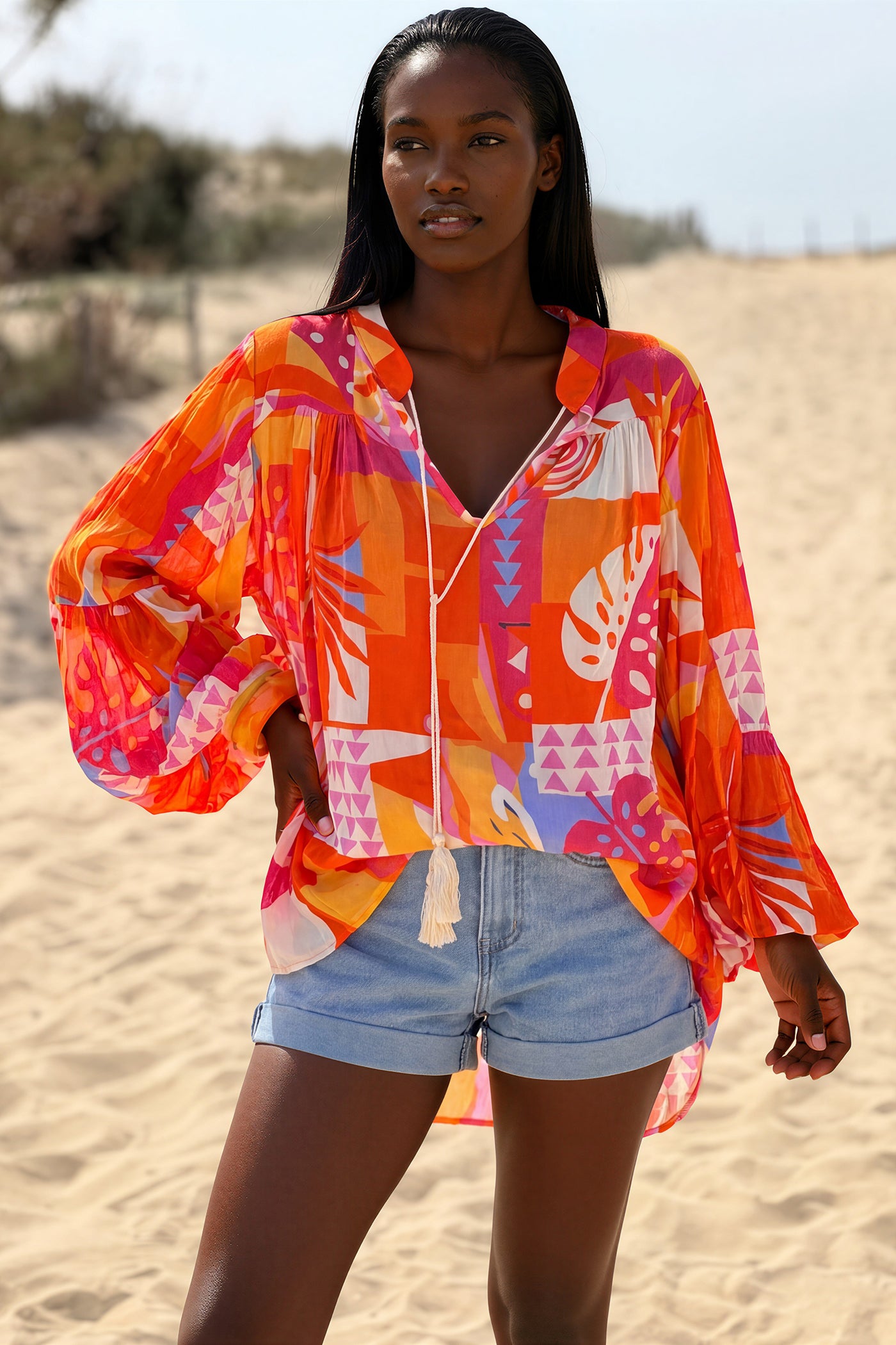Orange Tropicalia Ruffled Modern Art Blouse