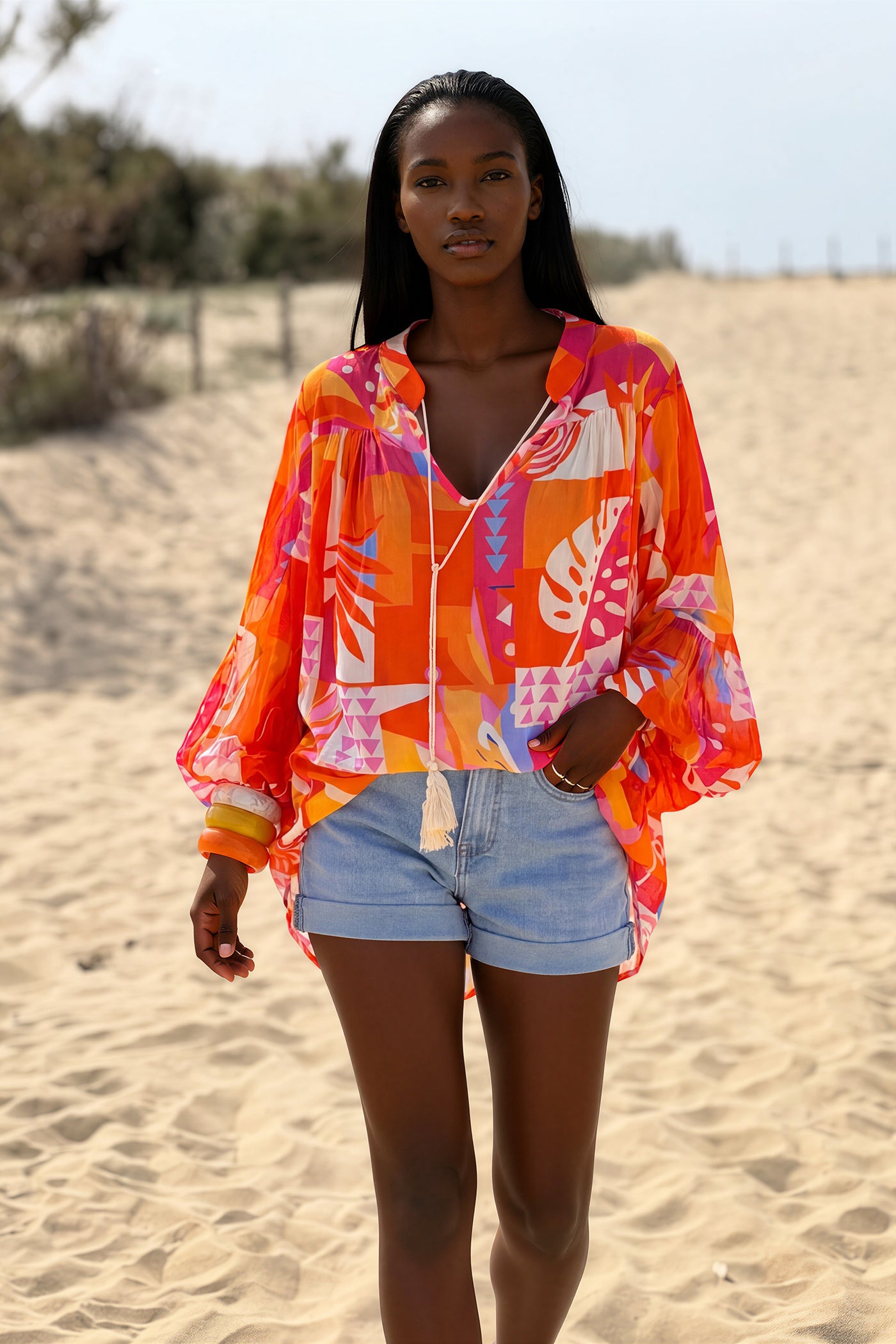 Orange Tropicalia Ruffled Modern Art Blouse