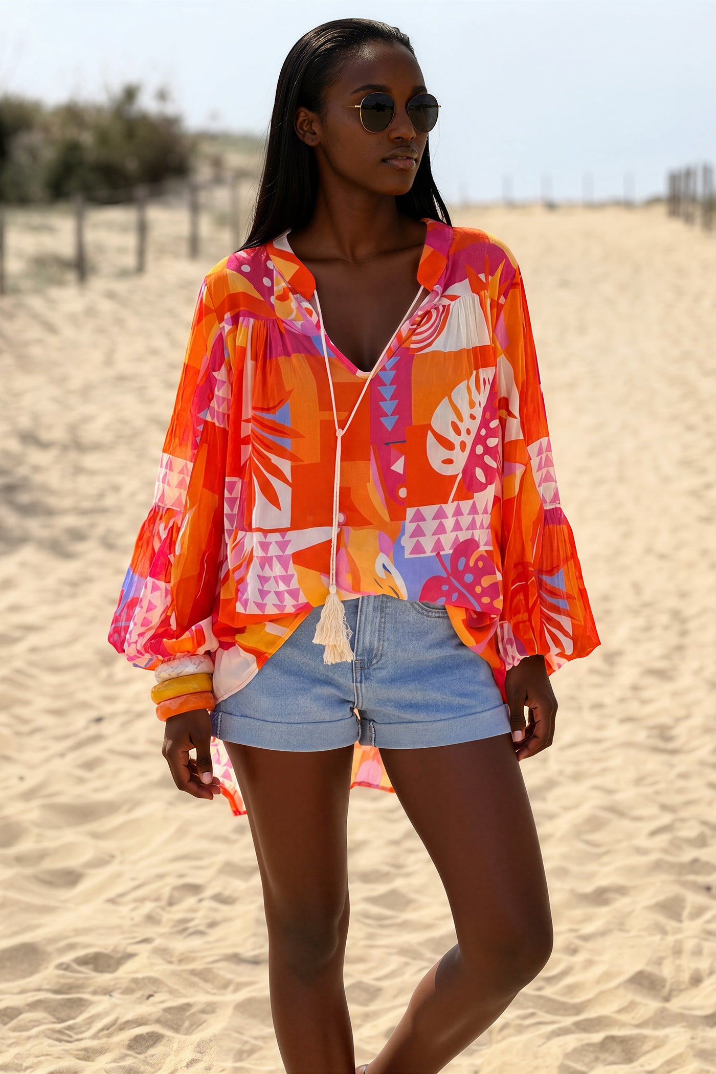 Orange Tropicalia Ruffled Modern Art Blouse