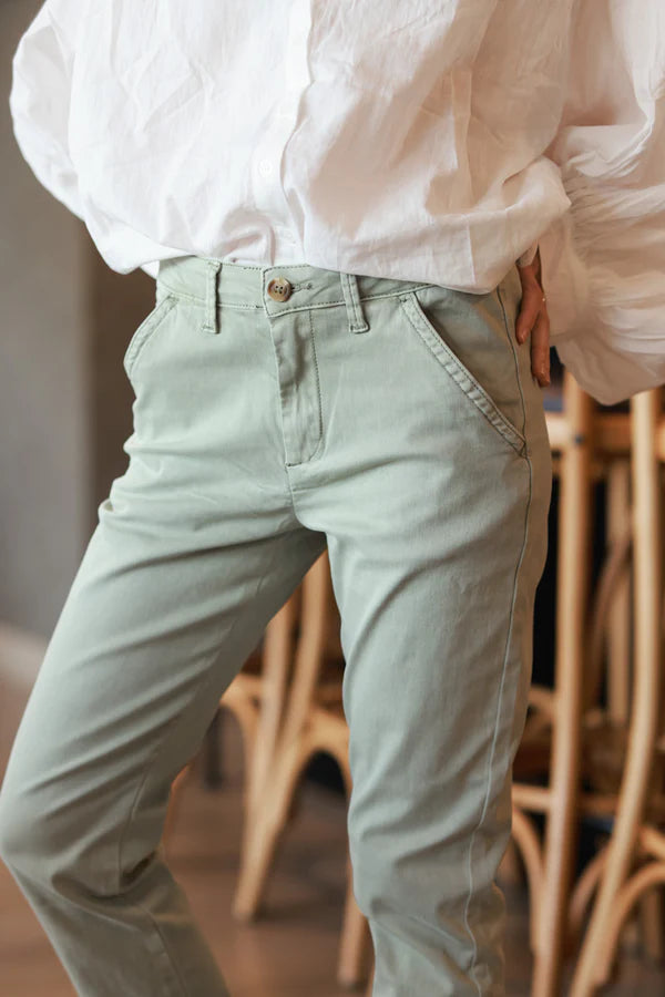 Olive Washed stretch chino pants with tortoise shell buttons