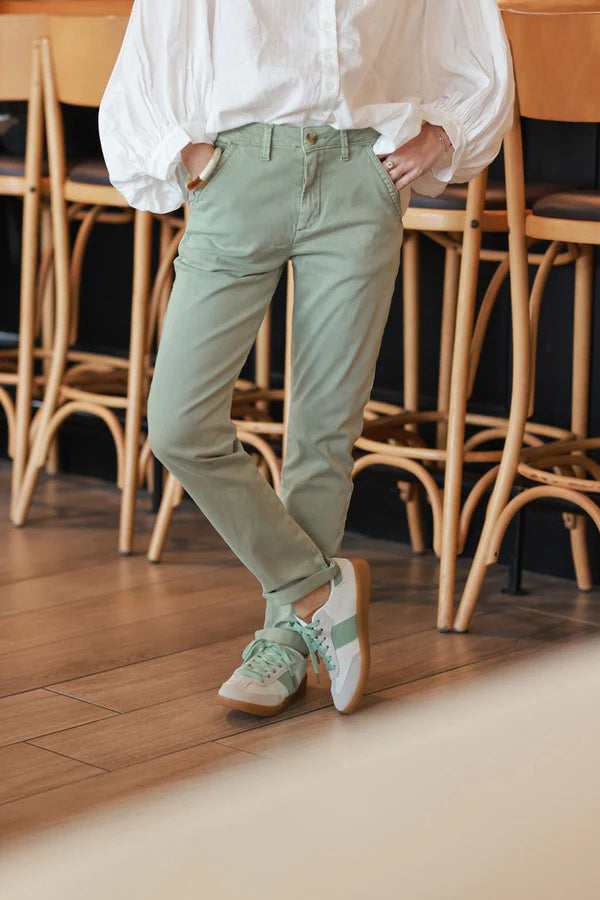 Olive Washed stretch chino pants with tortoise shell buttons