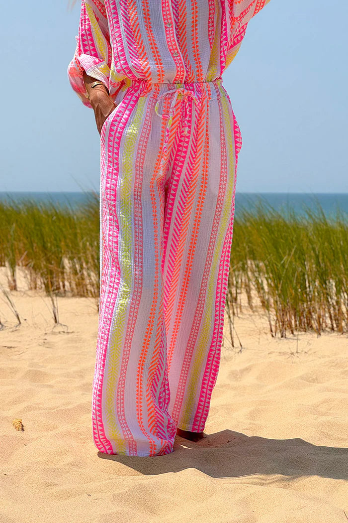 White Gauze Neon Stripe Pull-On Pants