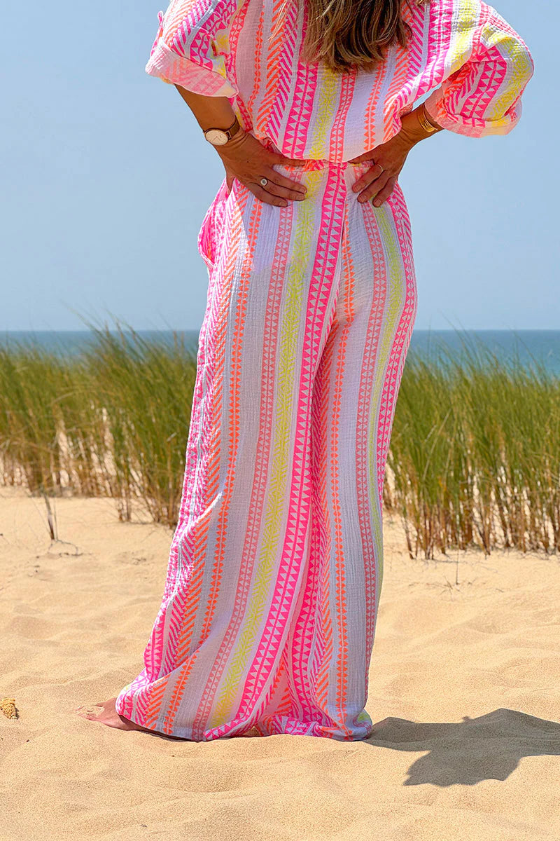 White Gauze Neon Stripe Pull-On Pants