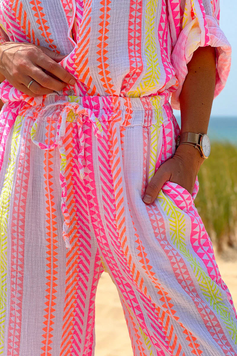 White Gauze Neon Stripe Pull-On Pants