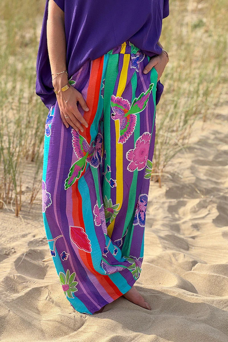 Green Floral Stripe Boho Art Pull-On Pants