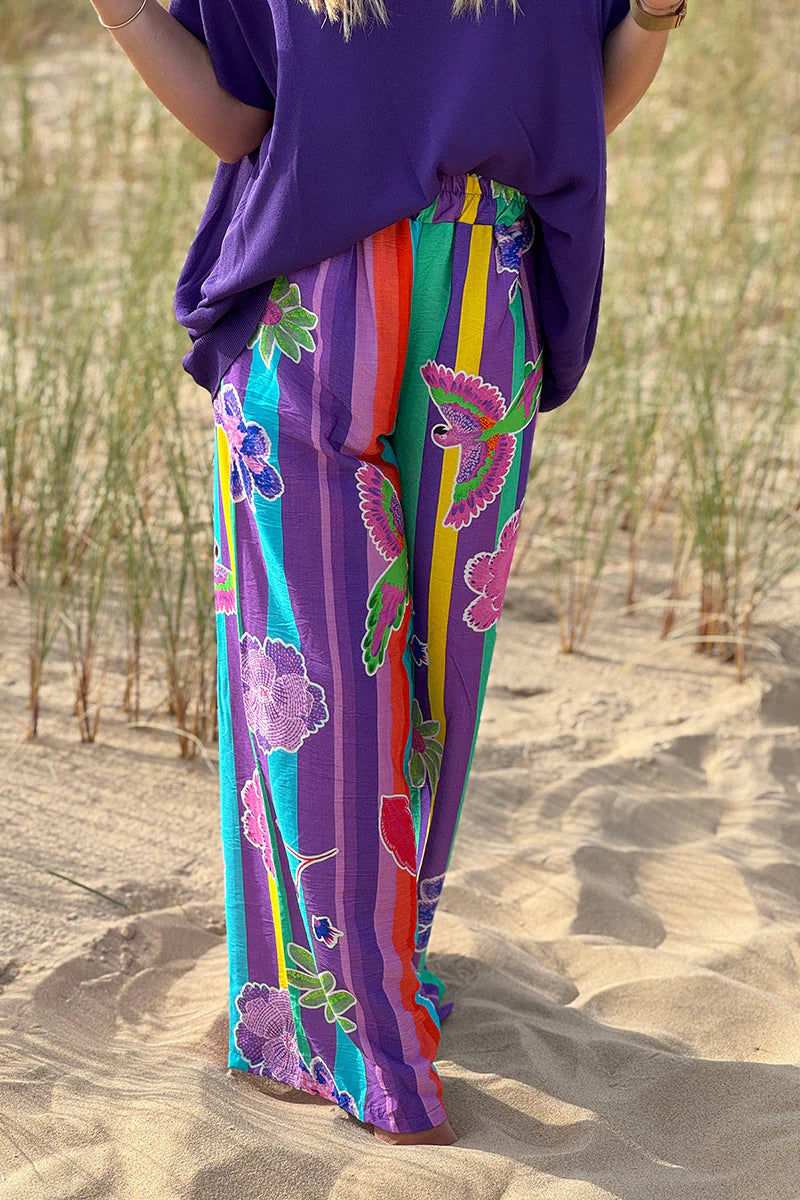 Green Floral Stripe Boho Art Pull-On Pants