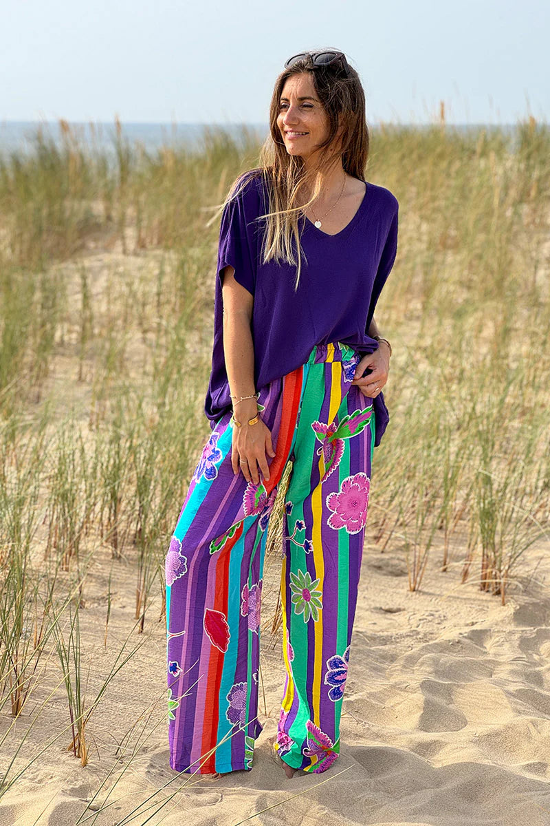 Green Floral Stripe Boho Art Pull-On Pants