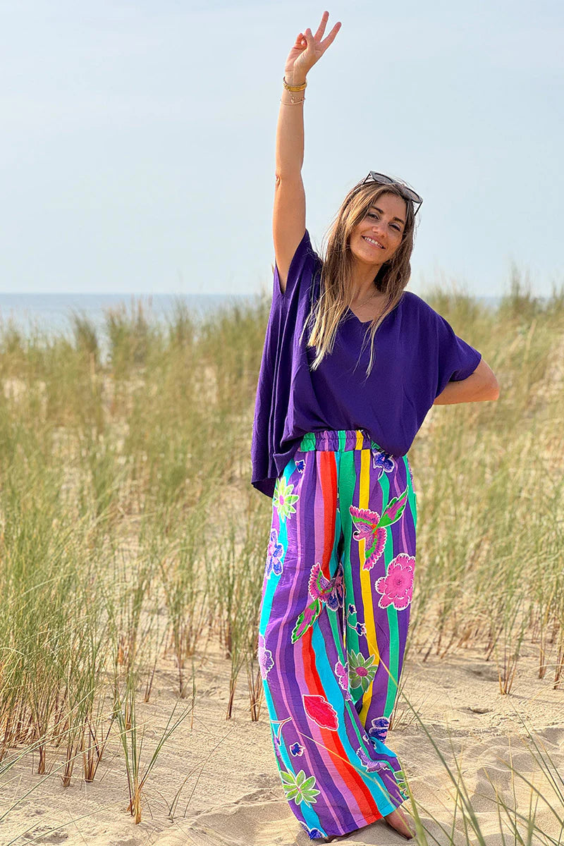 Green Floral Stripe Boho Art Pull-On Pants