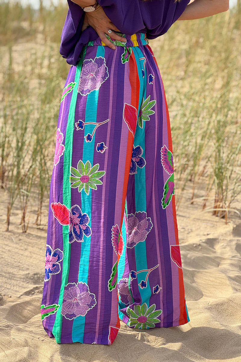 Green Floral Stripe Boho Art Pull-On Pants