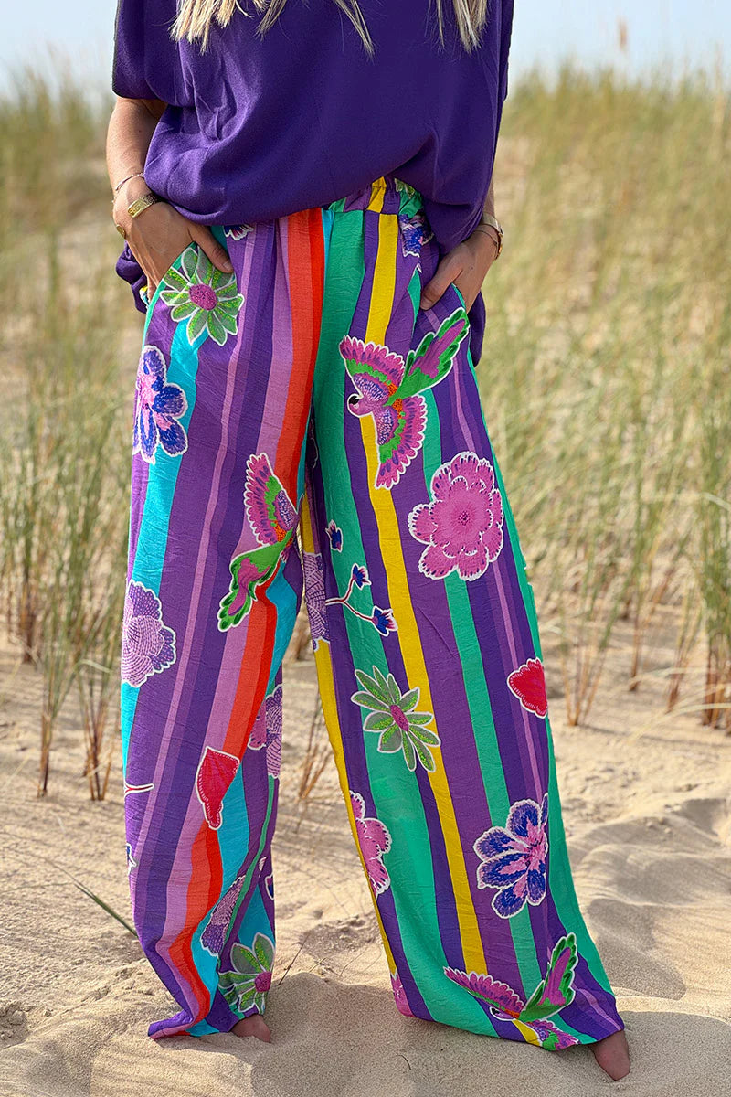 Green Floral Stripe Boho Art Pull-On Pants