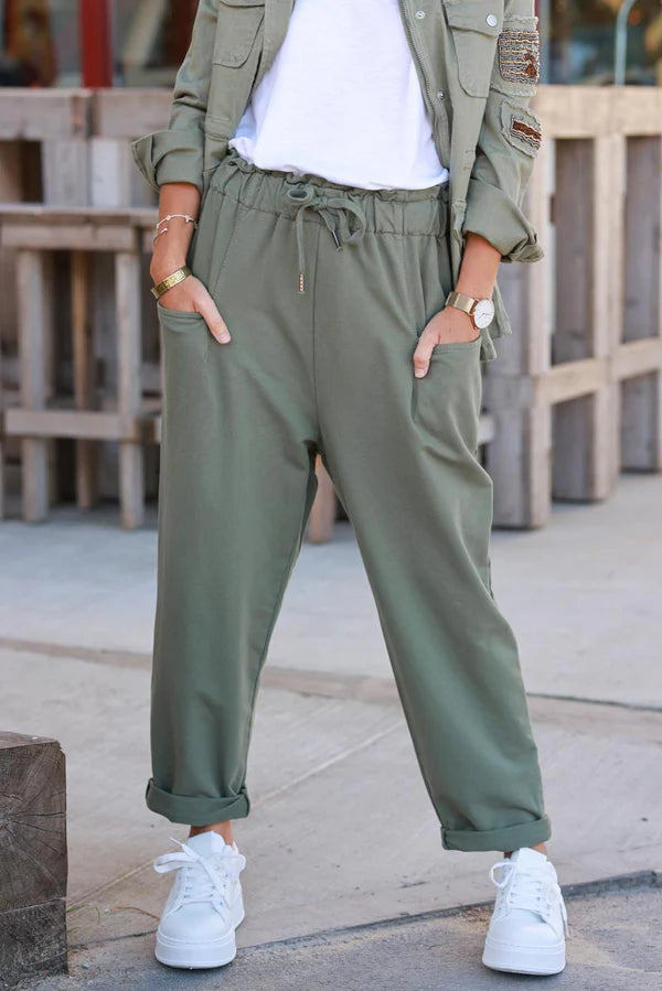 Olive Stretch Jersey Knit Cuffed Trousers