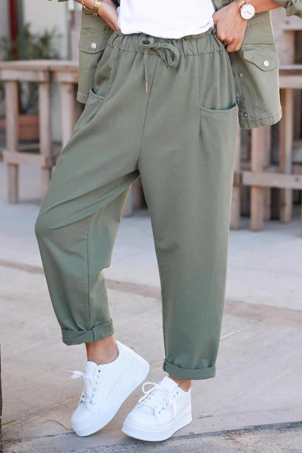 Olive Stretch Jersey Knit Cuffed Trousers