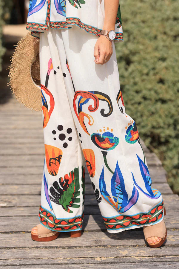 Cream Wide Leg Pants with Abstract Coloured Print