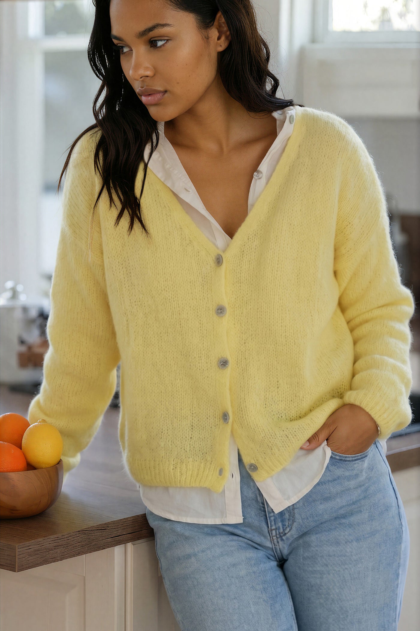 Yellow Mother of Pearl Button through V-Neck Cardigan