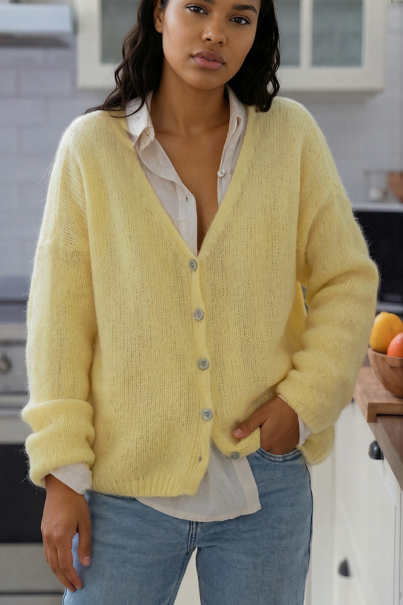 Yellow Mother of Pearl Button through V-Neck Cardigan