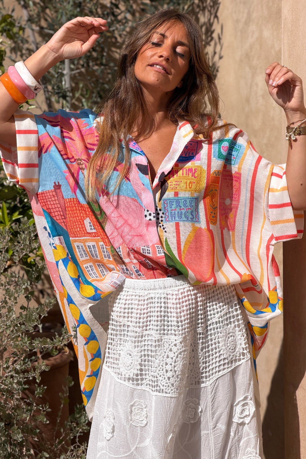 Pink Beach House Collage Draped Blouse