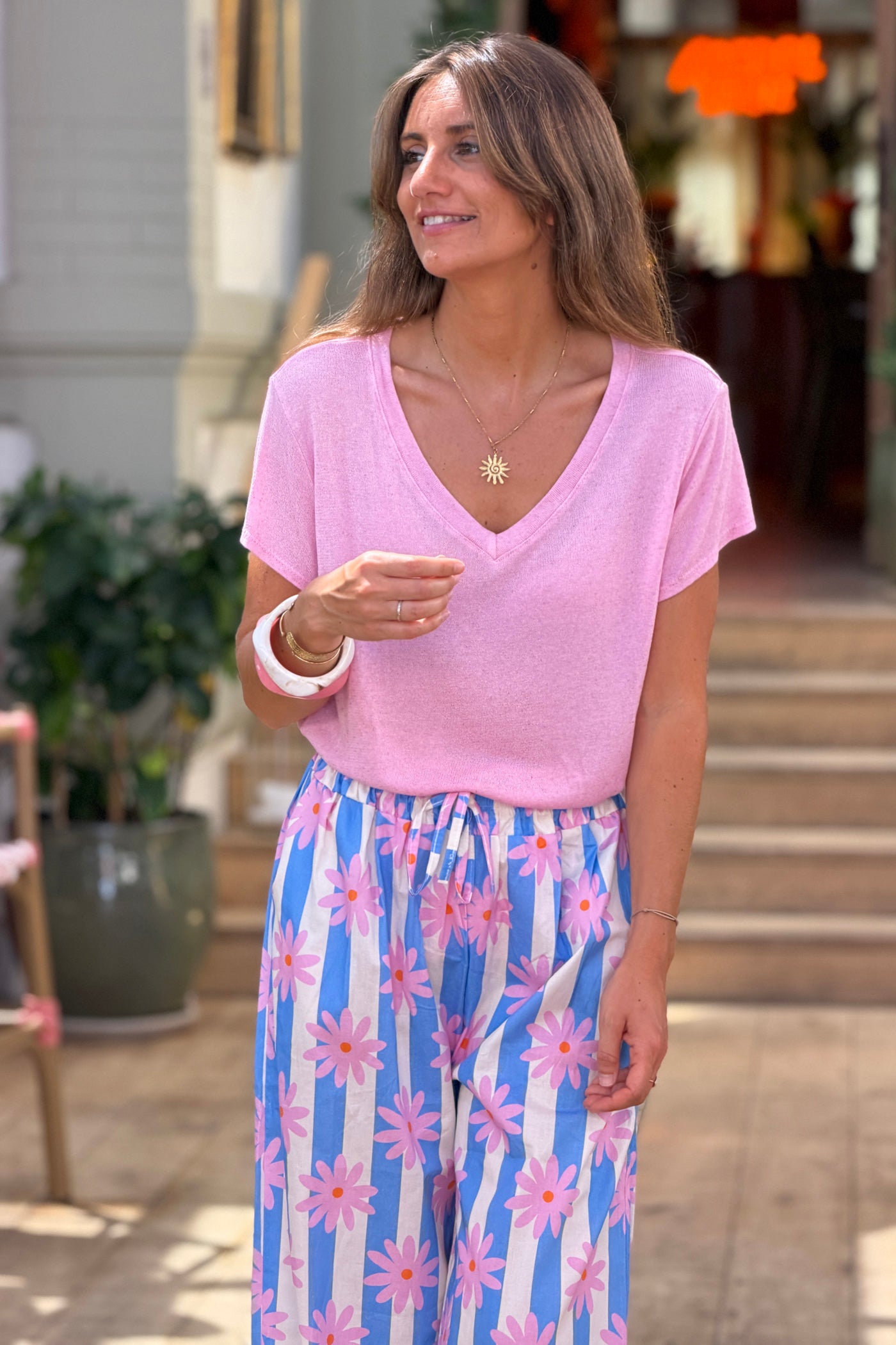 Pink Heathered Viscose Knit V-Neck Top