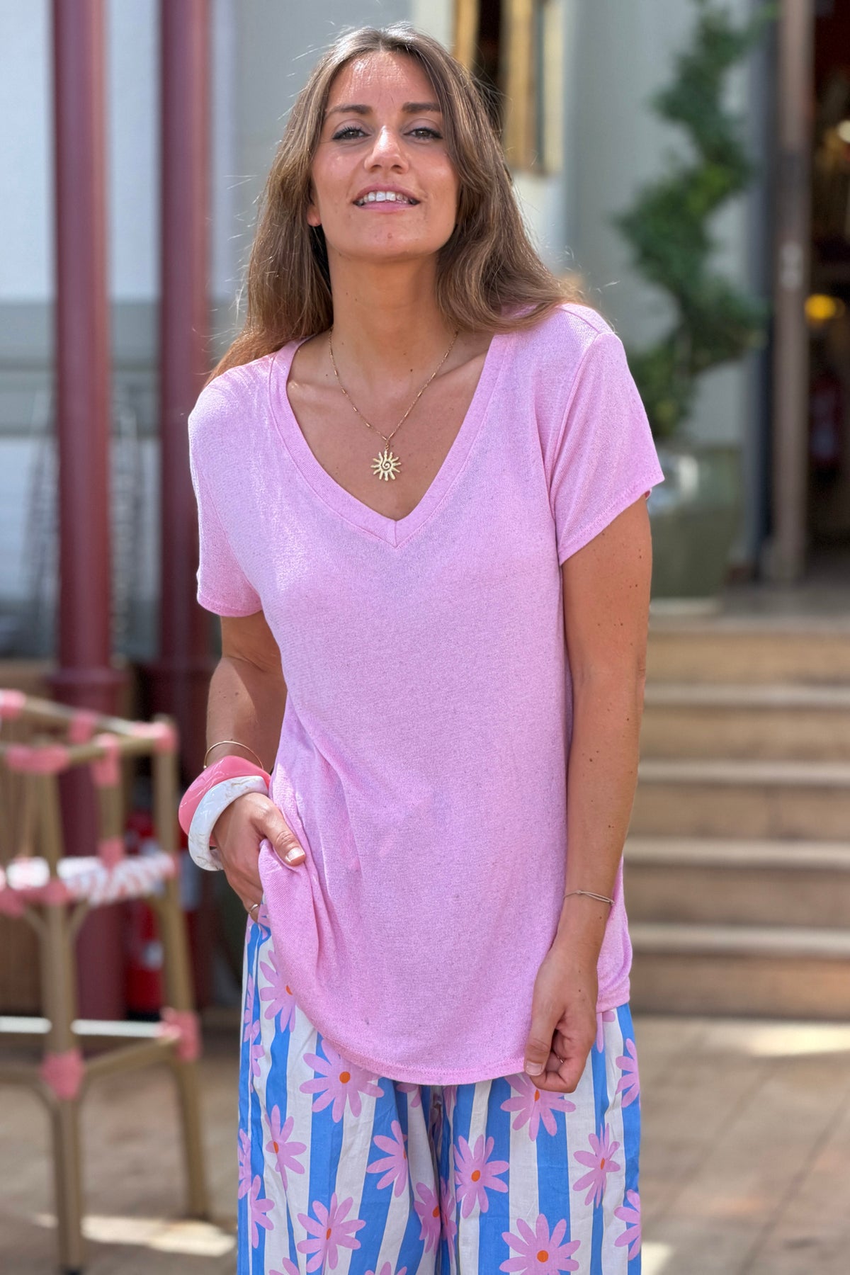Pink Heathered Viscose Knit V-Neck Top