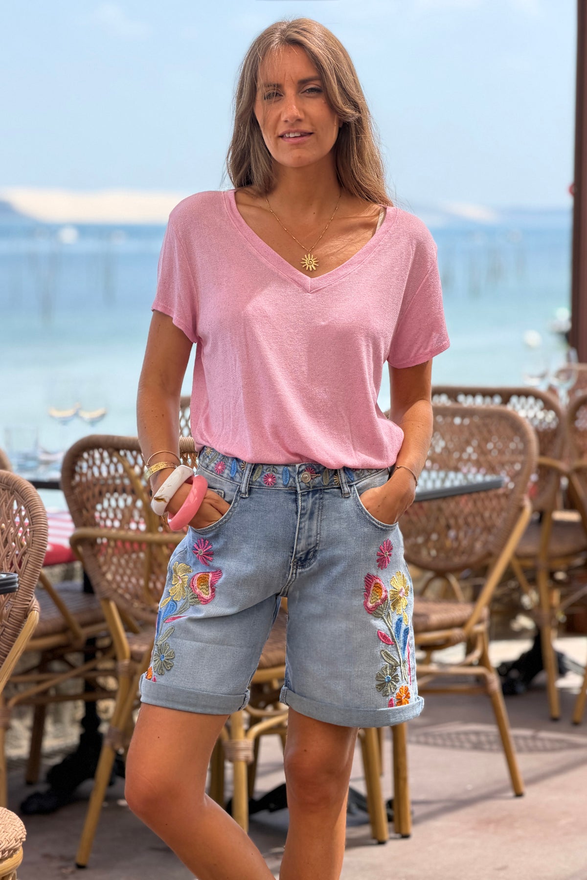 Pink Heathered Viscose Knit V-Neck Top