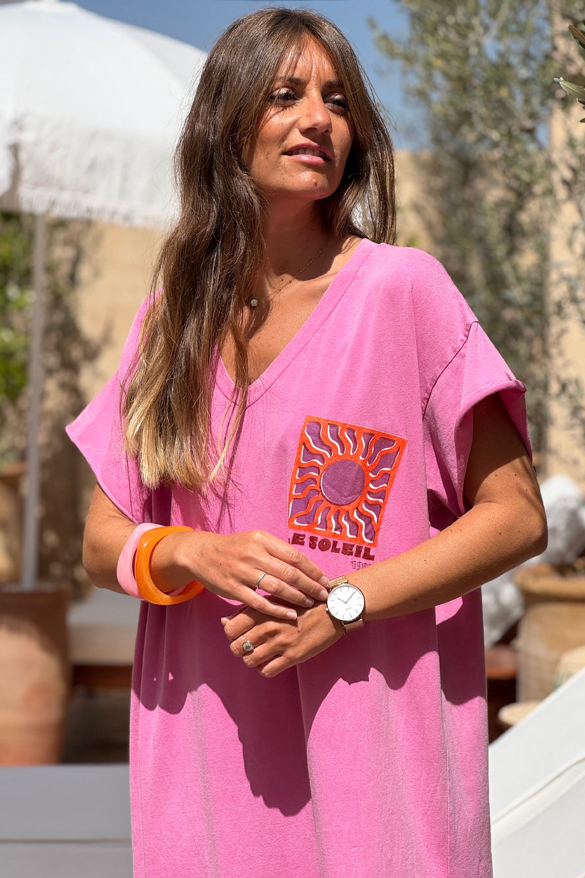 Pink Le Soleil V-Neck T-Shirt Dress